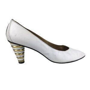 Stuart Weitzman Womens White Leather Pointed‎ Toe Pump Cone Heels Size 7 AA